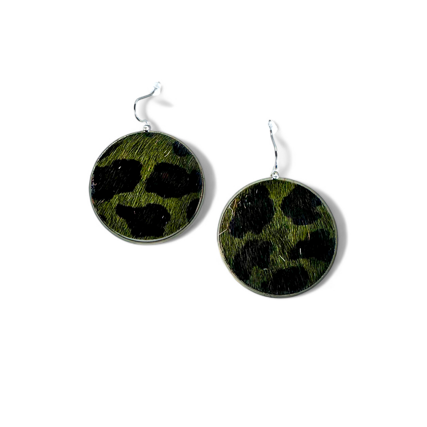 Calfskin Round Earrings - Green Leopard on Silver