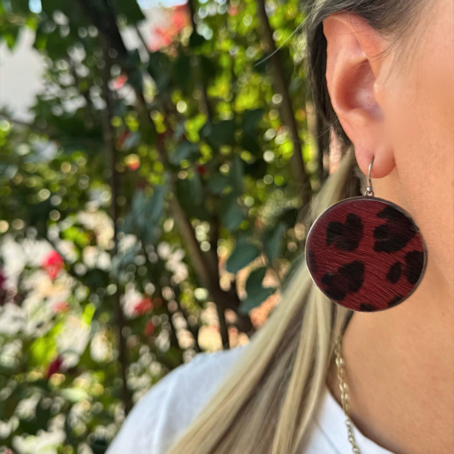 Calfskin Round Earrings - Burgundy Leopard on Silver