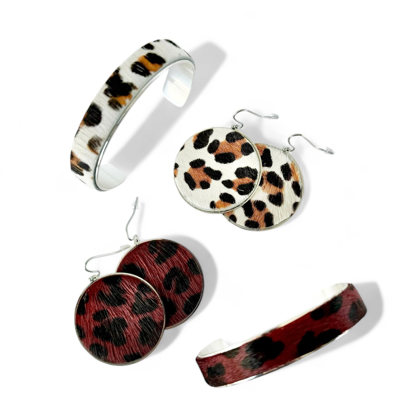 Calfskin Round Earrings - Burgundy Leopard on Silver