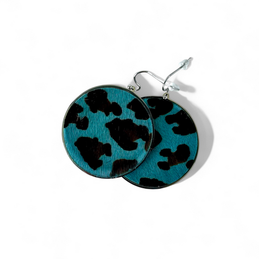 Calfskin Round Earrings - Turquoise Leopard on Silver