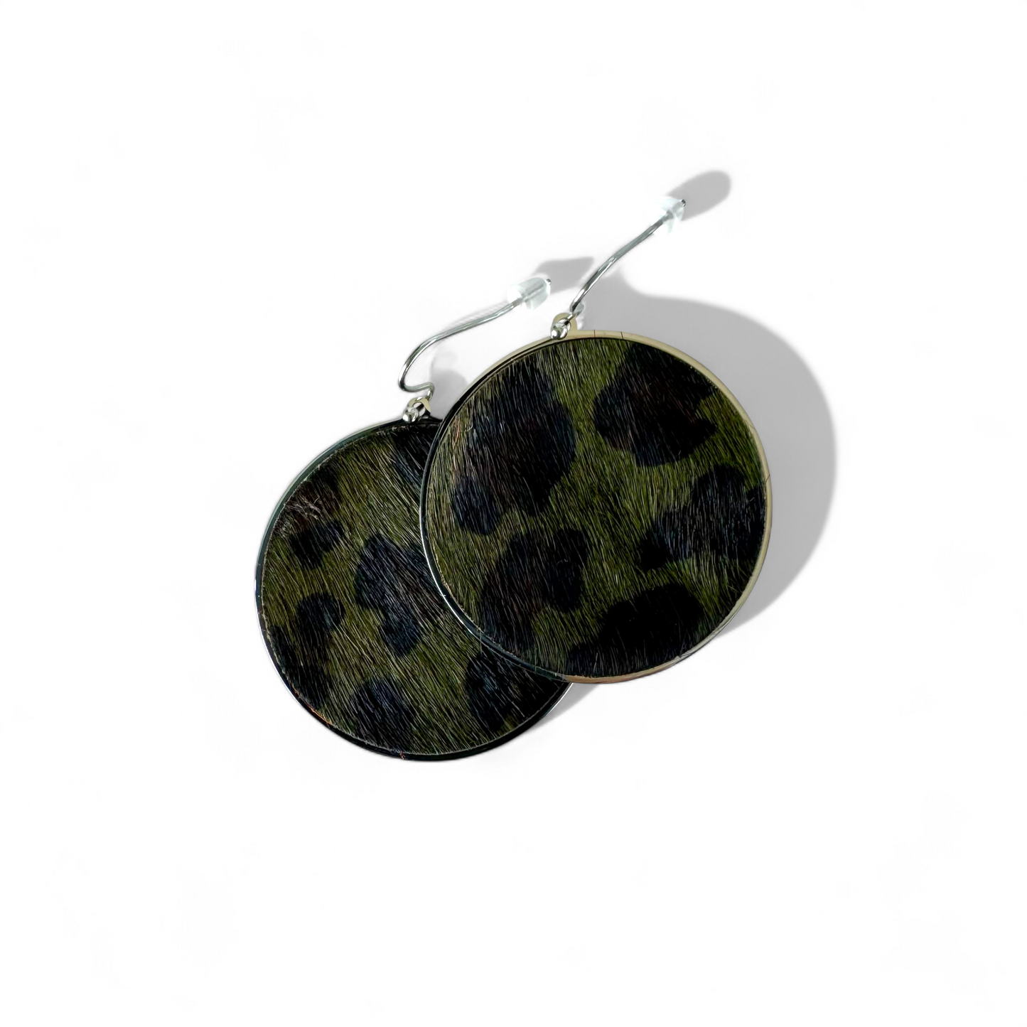 Calfskin Round Earrings - Green Leopard on Silver