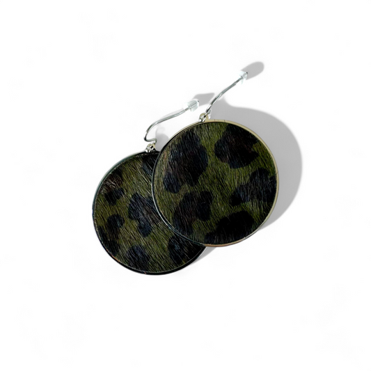 Calfskin Round Earrings - Green Leopard on Silver