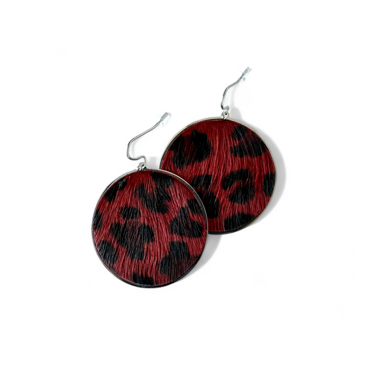 Calfskin Round Earrings - Burgundy Leopard on Silver