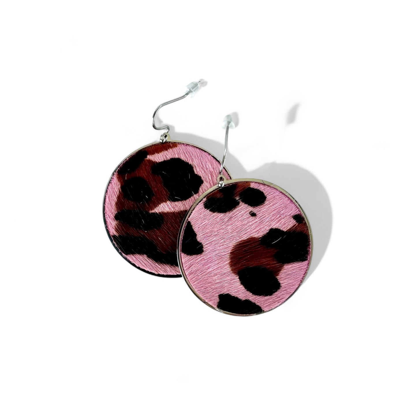 Calfskin Round Earrings - Pink Leopard on Silver