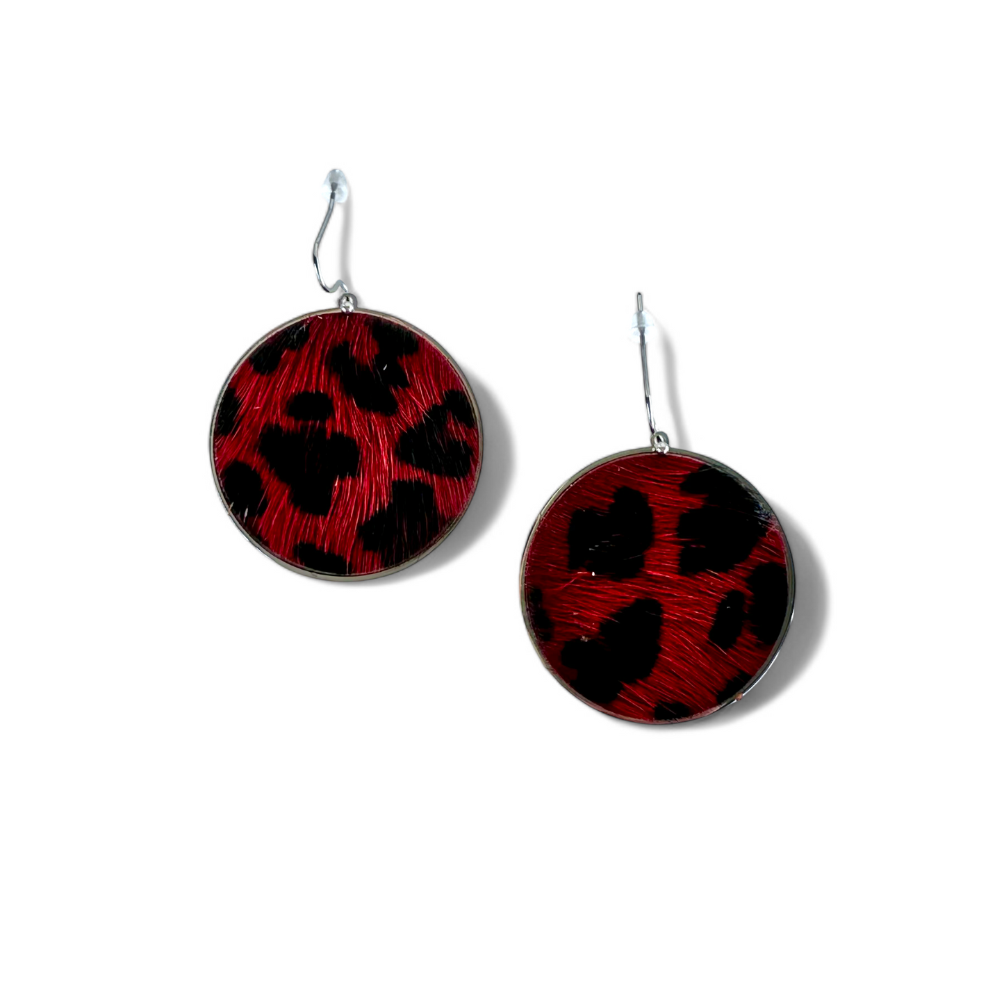 Calfskin Round Earrings - Burgundy Leopard on Silver