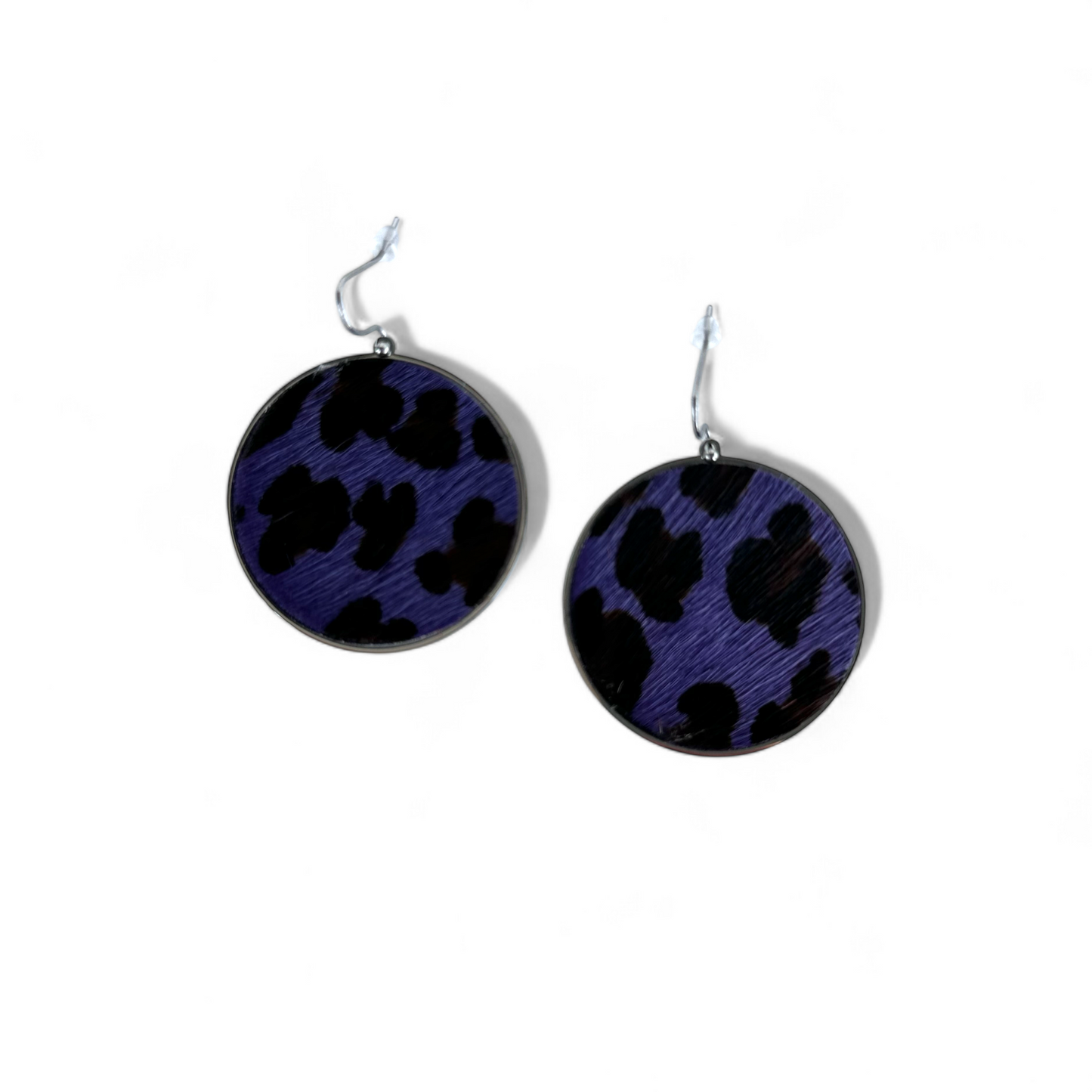 Calfskin Round Earrings - Purple Leopard on Silver