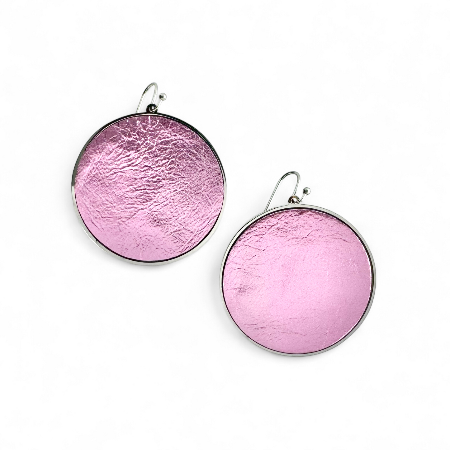 Lambskin Round Earrings - Pastel Pink Metallic on Silver