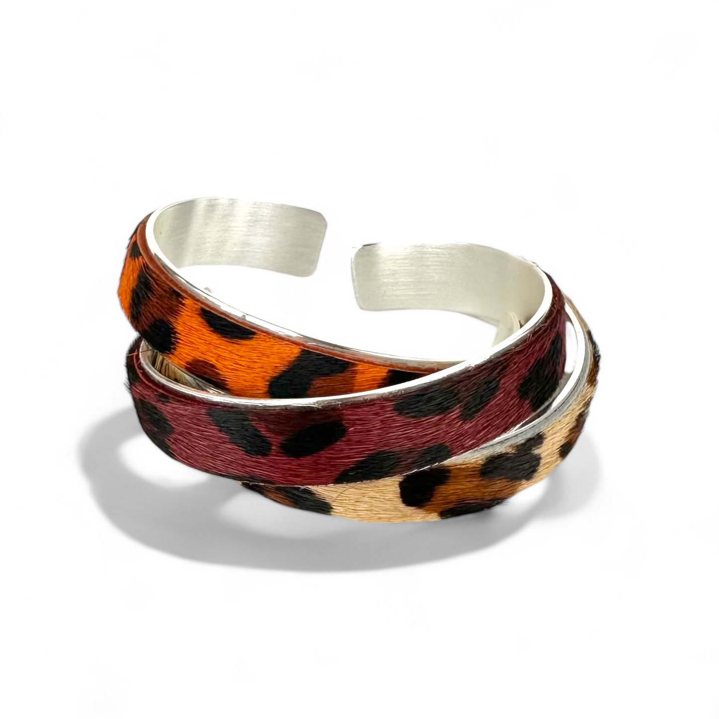 Calfskin Burgundy Leopard .5 Cuff on Silver