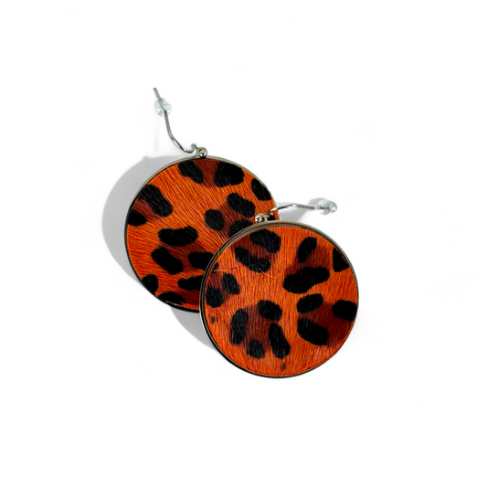 Calfskin Round Earrings - Orange Leopard on Silver