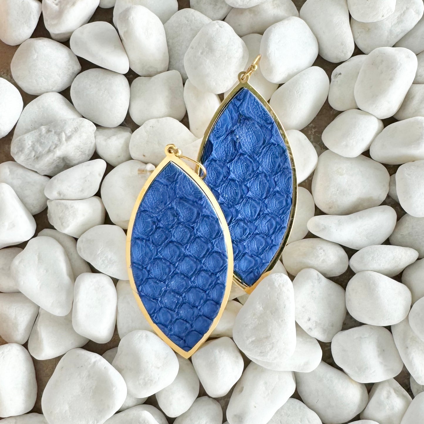 Python Leaf Shaped Earrings - Cobalt on Gold